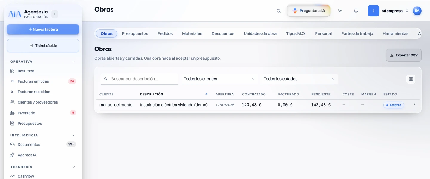 Módulo de obra dentro de TuFacturaIA